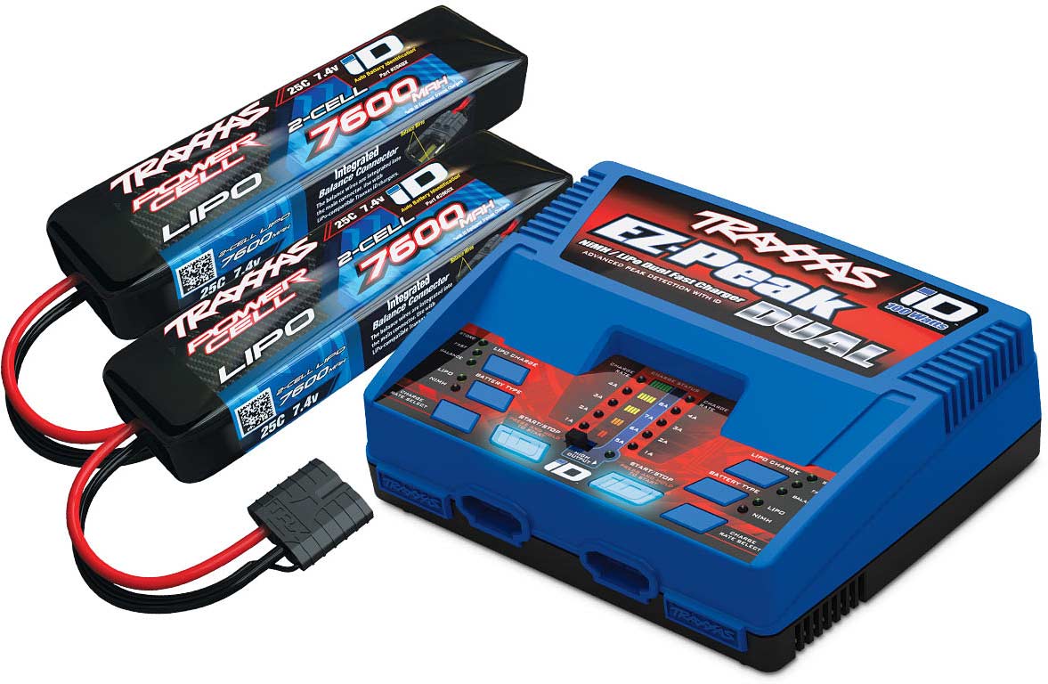 Battery/charger completer pack (includes #2972 Dual iD charger (1), #2869X 7600mAh 7.4V 2-cell 25C LiPo battery (2))