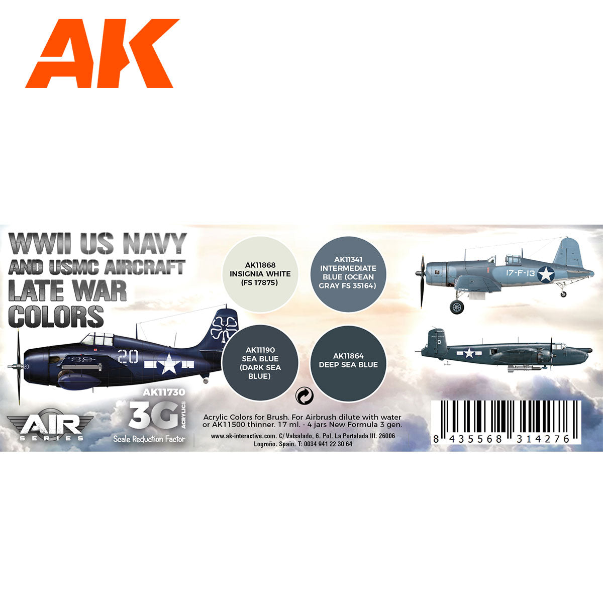 AK Interactive WWII US Navy & USMC Aircraft Late War Color Acrylic Paint Set