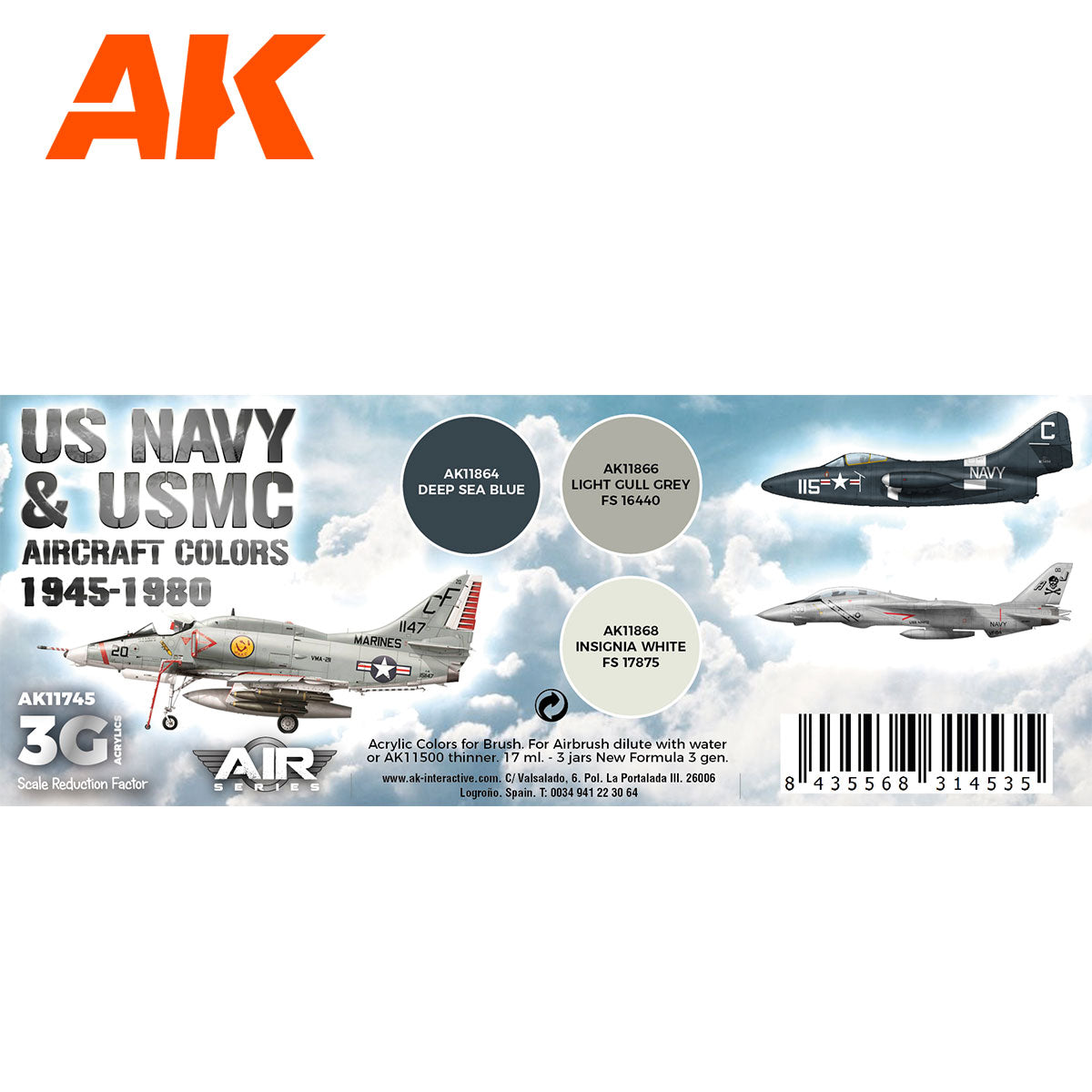 AK Interactive US Navy & USMC Aircraft 1945-1980 Color Acrylic Paint Set