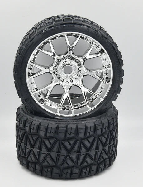 Sweep Land Crusher Pre-Mounted Monster Truck Belted Tires (Chrome) (2) (1/2 Offset) w/17mm Hex