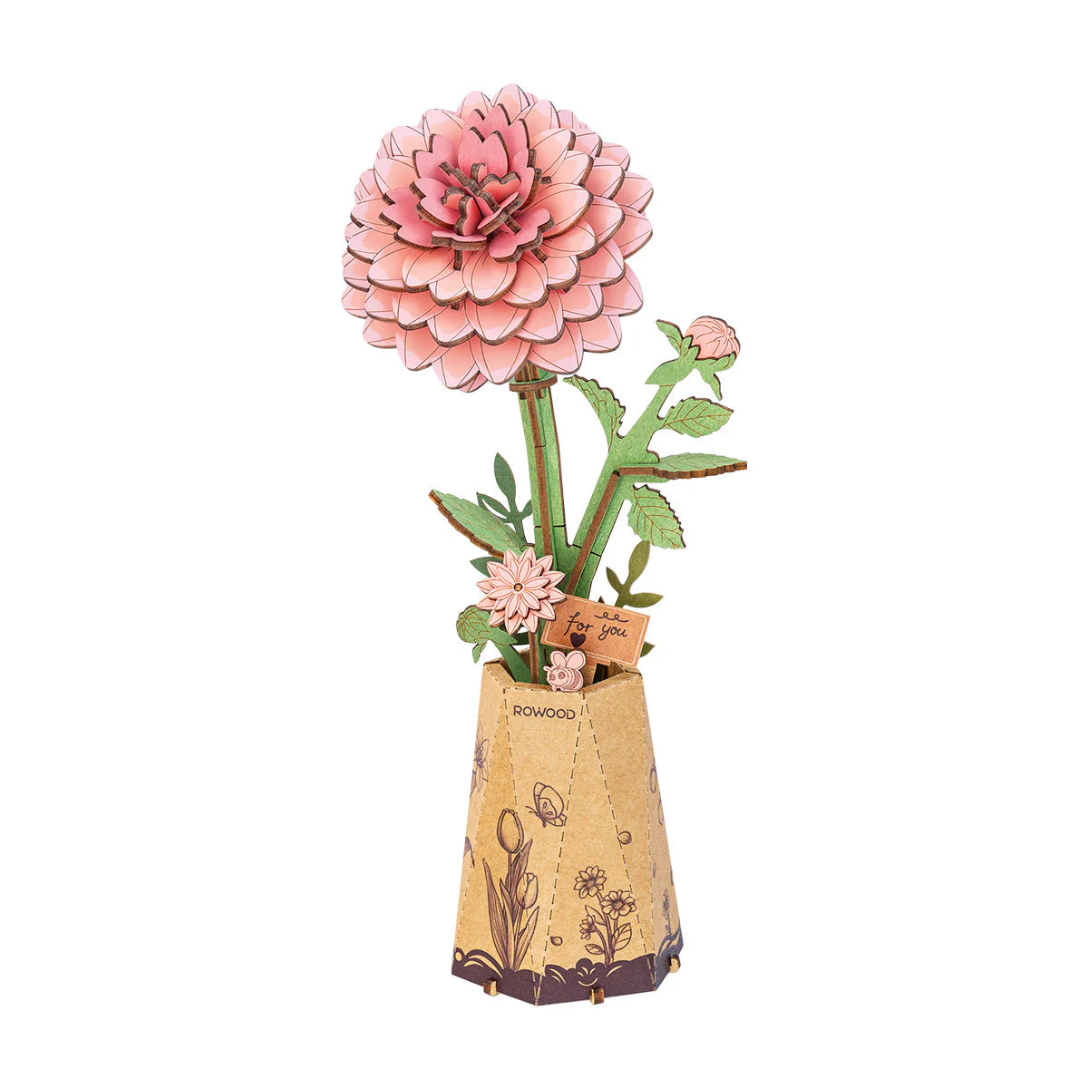 Rowood Pink Dahlia DIY Wooden Flower 3D Puzzle