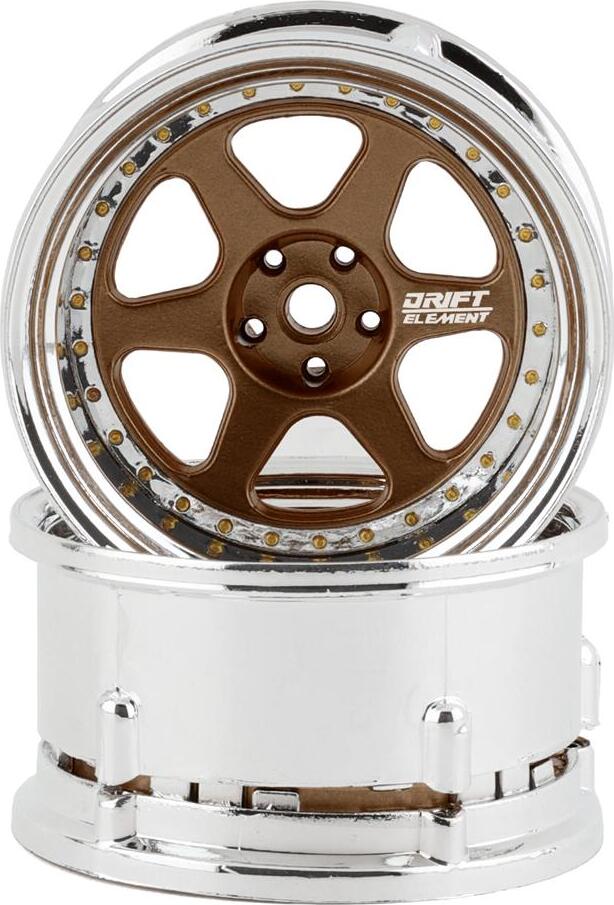 DS Racing Drift Element 6 Spoke Drift Wheels (Bronze & Chrome w/Gold Rivets) (2)