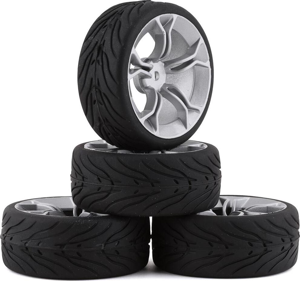 Yeah Racing Spec T Pre-Mounted On-Road Touring Tires w/MS Wheels (Silver) (4)