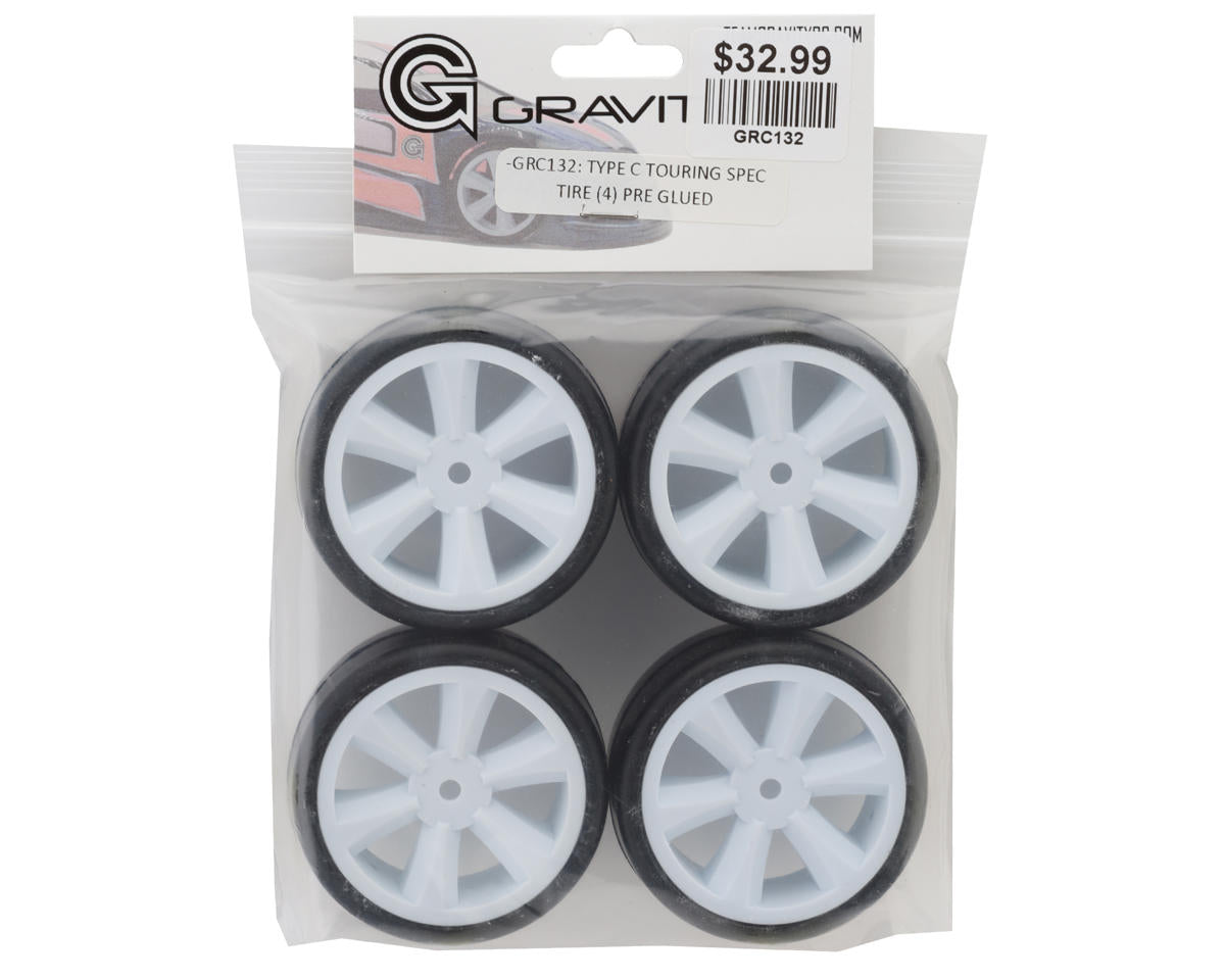 Gravity RC G-SPEC Type C "Carpet" Pre-Mounted Touring Car Rubber Tires (4) w/GT Wheel (White) (4)