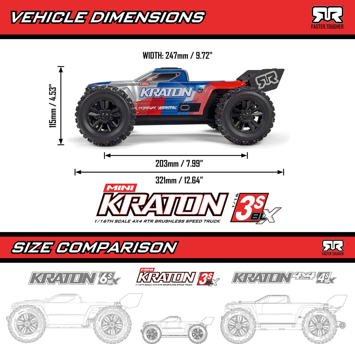 1/16 MINI KRATON 3S DSC 4X4 RTR Brushless Speed Truck, Black/Red