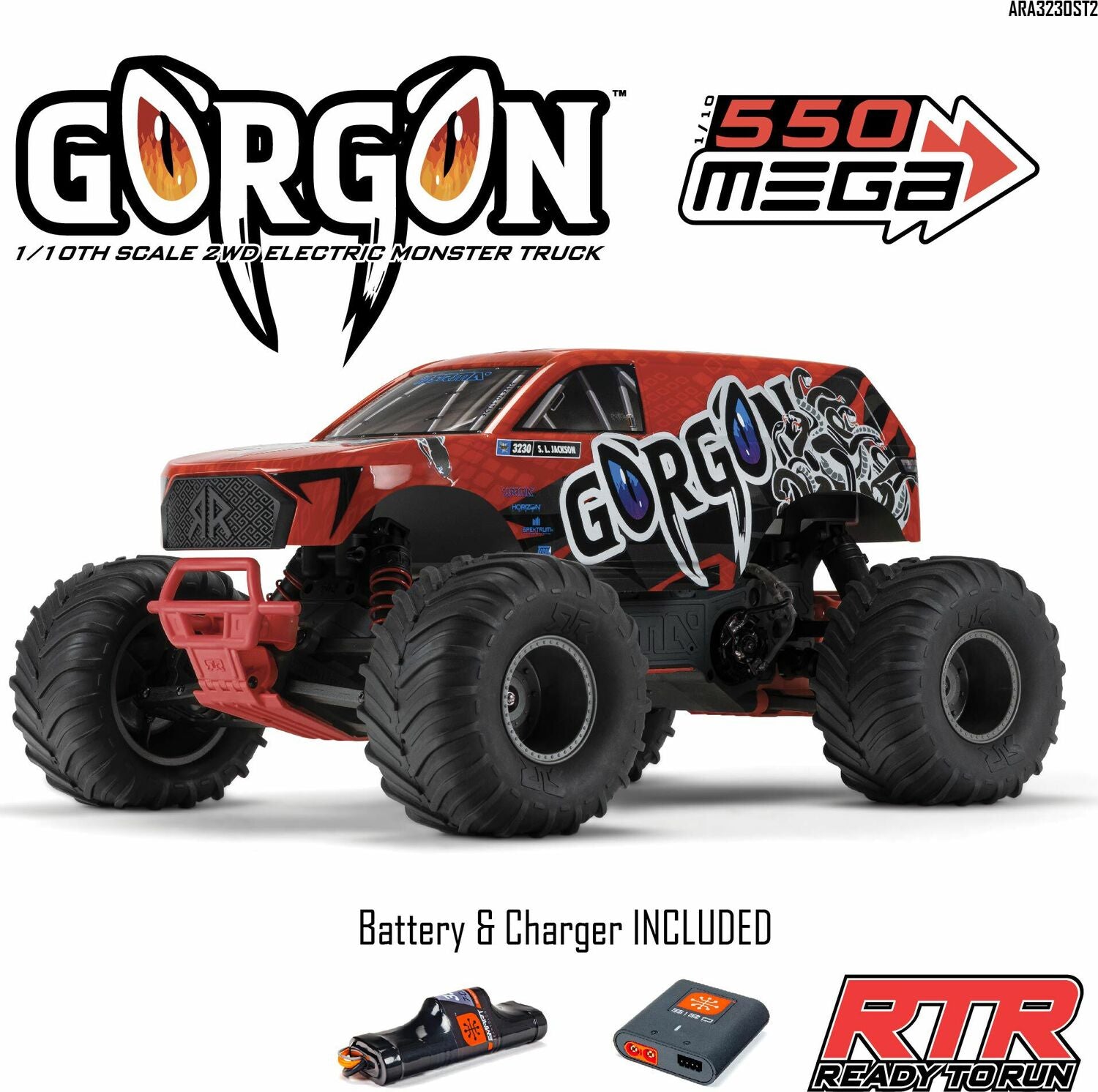 1/10 GORGON 4X2 MEGA 550 Brushed Monster Truck RTR with Battery & Charger, Red