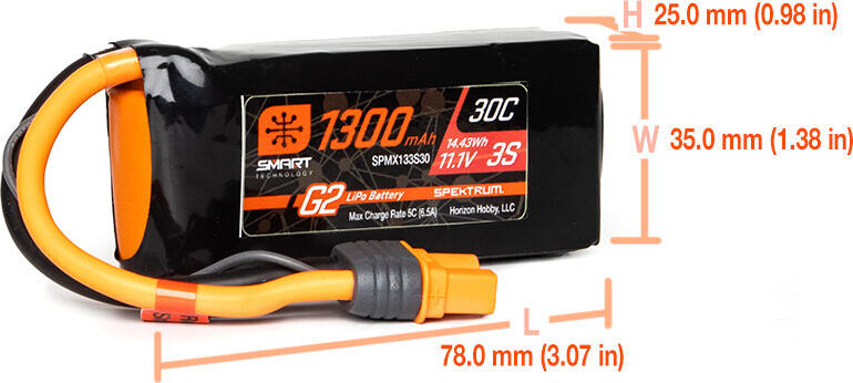 11.1V 1300mAh 3S 30C Smart G2 LiPo Battery: IC3