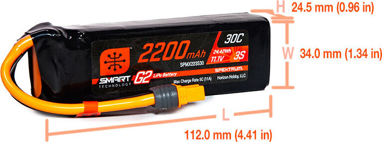 11.1V 2200mAh 3S 30C Smart G2 LiPo Battery: IC3