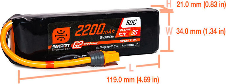 11.1V 2200mAh 3S 50C Smart G2 LiPo Battery: IC3