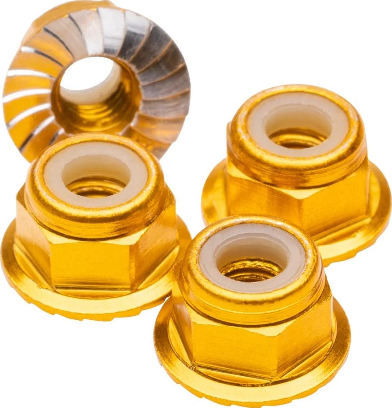 M4 Flanged & Serrated Aluminum Locknuts, Gold, 4pcs