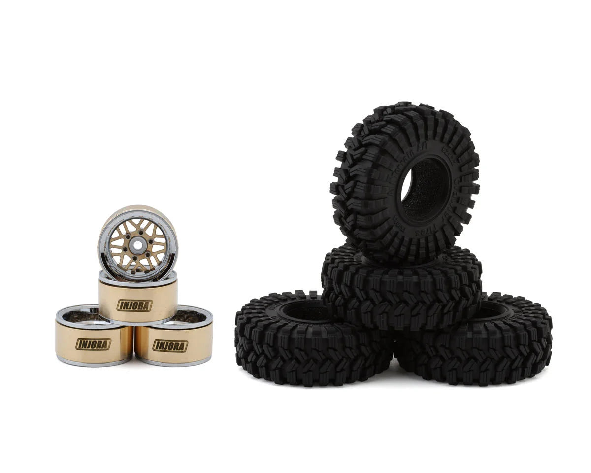 Injora 1.0" Deep Dish Aluminum Micro Crawler Beadlock Wheels w/Swamp Claw Tires (S5) (Gold/Chrome) (4) (37g ea) (62mm OD)