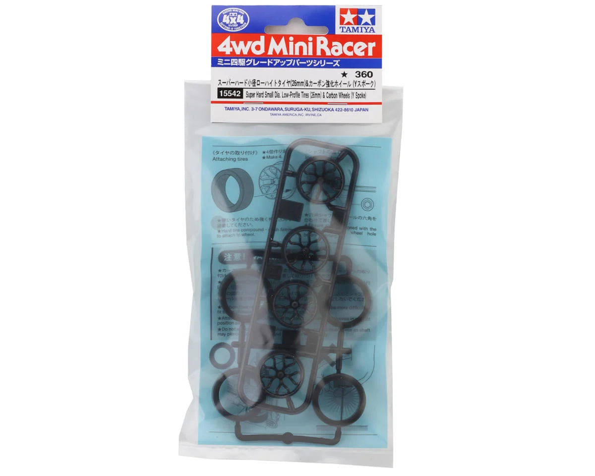 Tamiya JR Mini 4WD 26mm Super Hard Low Profile Tires (Black) (4) w/Carbon Y-Spoke Wheels