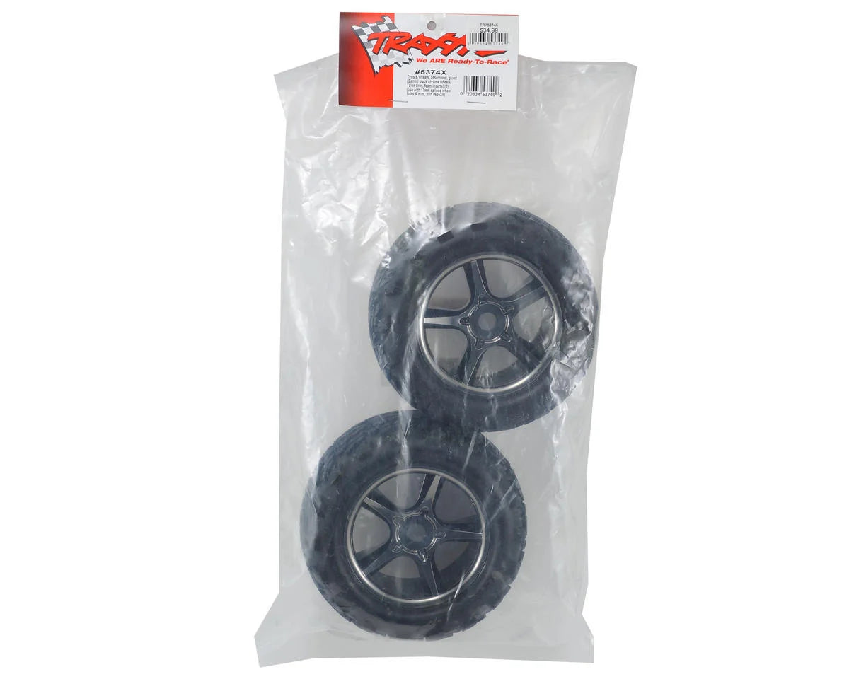 Neumáticos y ruedas, ensamblados, pegados (ruedas Gemini cromadas en negro, neumáticos Talon, inserciones de espuma) (2) (usar con tuercas y cubos de rueda estriados de 17 mm, pieza n.º 5353X) (clasificación TSM)