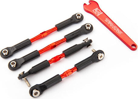Turnbuckles, aluminum (red-anodized), camber links, front, 39mm (2), rear, 49mm (2) (assembled w/ rod ends & hollow balls)/wrench