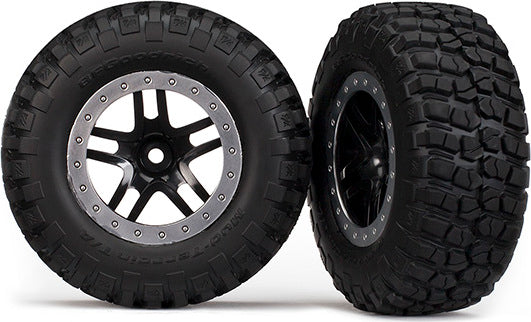 Tires & wheels, assembled, glued (SCT Split-Spoke, black, satin chrome beadlock wheels, BFGoodrich Mud-Terrainﾙ T/A KM2 tires, foam inserts) (2) (2WD Front)