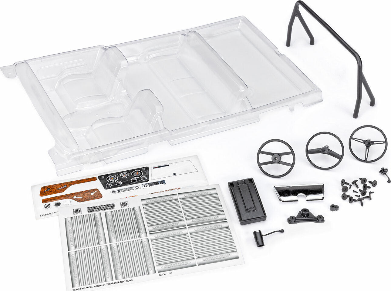 Interior, Chevrolet Blazer (1969 -1972) (Clear, Requires Painting) (Includes Rollbar, Gauge Bezel, Steering Wheel And Column, Shifter, Armrest, Decals) (Fits #9111 And 9112 Bodies) (Requires #9128 Body Cage For Installation)