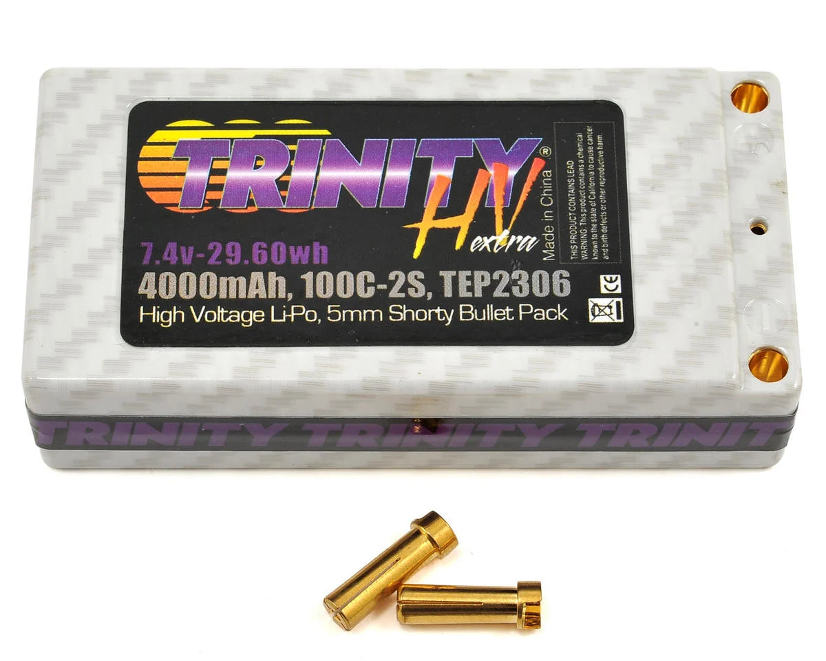 Trinity Hi-Voltage Shorty 2S 100C Hardcase LiPo Battery (7.4V/4000mAh) w/5mm Bullets