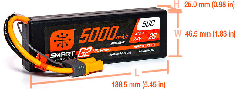 7.4V 5000mAh 2S 50C Smart G2 Hardcase LiPo Battery: IC5