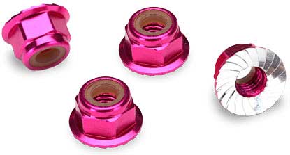 Nuts, aluminum, flanged, serrated (4mm) (pink-anodized) (4)