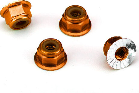 Nuts, aluminum, flanged, serrated (4mm) (orange-anodized) (4)