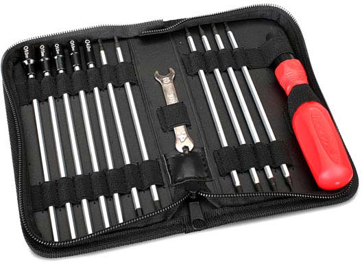 Tool set with pouch (includes 1.5mm, 2.0mm, 2.5mm, 3.0mm, 3.5mm, 4mm drivers/ 4mm, 5mm, 5.5mm, 7mm and 8mm nut drivers/ 2mm, 4mm, and 5mm slotted screwdrivers/ #00 phillips, #0 phillips, and #1 Phillips screwdrivers/ 4mm and 8mm wrench/ driver handle