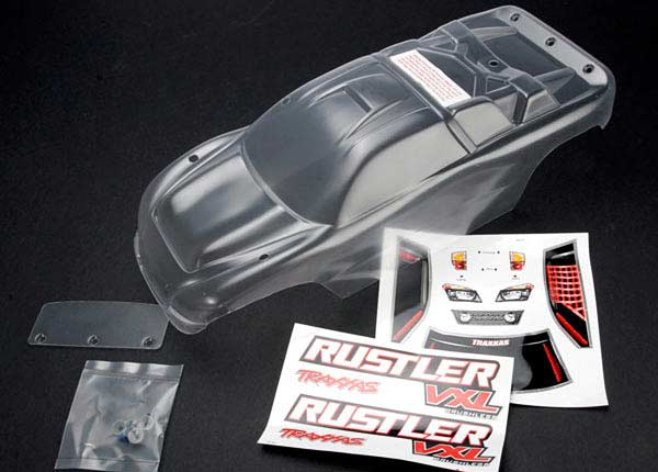 Body, Rustler (clear, requires painting)/window, lights decal sheet/ wing and aluminum hardware