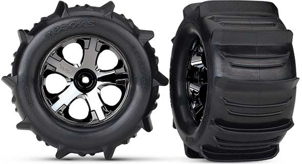 Tires & wheels, assembled, glued (2.8") (All-Star black chrome wheels, paddle tires, foam inserts) (nitro rear/electric front) (2) (TSM rated)