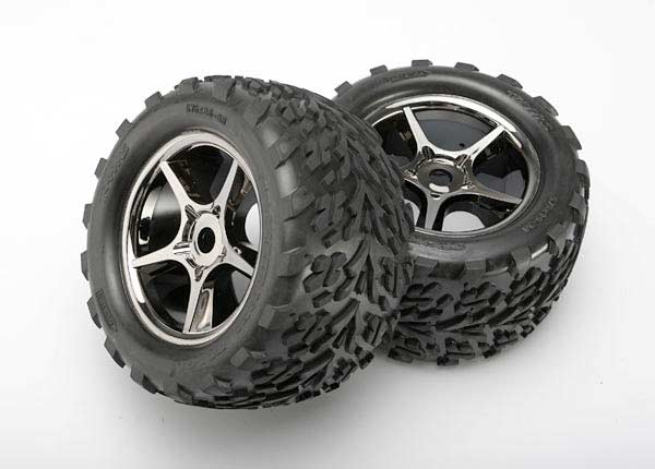 Tires & wheels, assembled, glued (Gemini black chrome wheels, Talon tires, foam inserts) (2) (use with 17mm splined wheel hubs & nuts, part #5353X) (TSM rated)