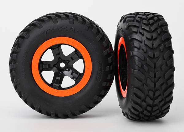 Tires & wheels, assembled, glued (SCT black, orange beadlock wheels, dual profile (2.2" outer, 3.0" inner), SCT off-road racing tire, foam inserts) (2) (4WD f/r, 2WD rear) (TSM rated)