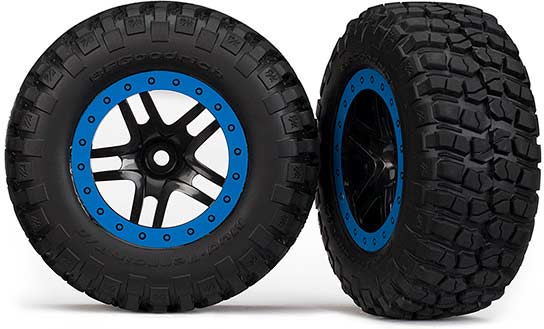 Tire & wheel assy, glued (SCT Split-Spoke, black, blue beadlock wheels, BFGoodrich Mud-Terrainﾙ T/A KM2 tire, inserts) (2) (4WD f/r, 2WD rear)
