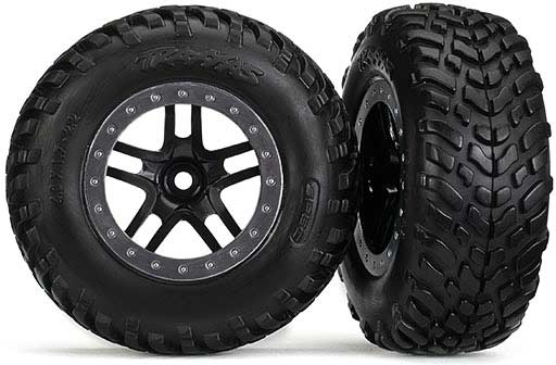 Tires & wheels, assembled, glued (SCT Split-Spoke black, satin chrome beadlock style wheels, dual profile (2.2