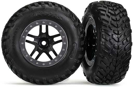 Tires & wheels, assembled, glued (SCT Split-Spoke black, satin chrome beadlock style wheels, dual profile (2.2" outer, 3.0" inner), SCT off-road racing tires, foam inserts) (2) (2WD front)