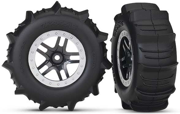 Tires & wheels, assembled, glued (SCT Split-Spoke satin chrome, beadlock style wheels, paddle tires, foam inserts) (2) (4WD front/rear, 2WD rear only) (TSM rated)