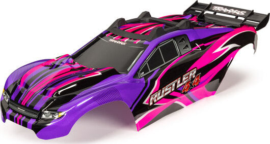 Body, Rustler® 4X4, pink & purple/ window, grille, lights decal sheet (assembled with front & rear body mounts and rear body support for clipless mounting)