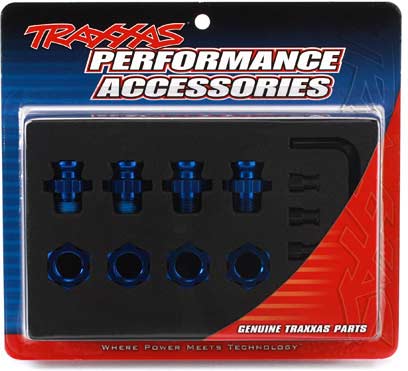 Wheel hubs, splined, 17mm, short (4)/ wheel nuts, splined, 17mm (4) (blue-anodized)/ hub retainer M4 X 0.7 (4)/ axle pin (4)/ wrench, 5mm