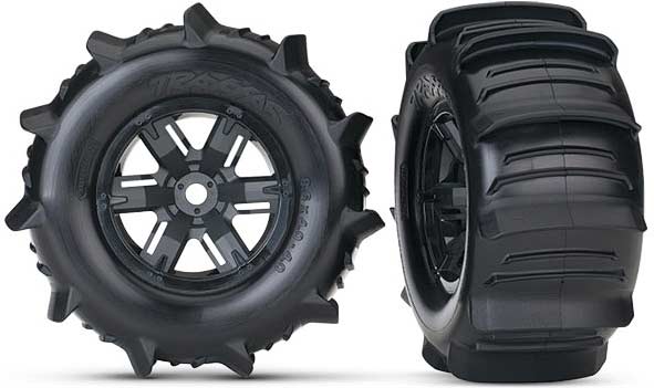 Tires & wheels, assembled, glued (X-Maxx black wheels, paddle tires, foam inserts) (left & right) (2)