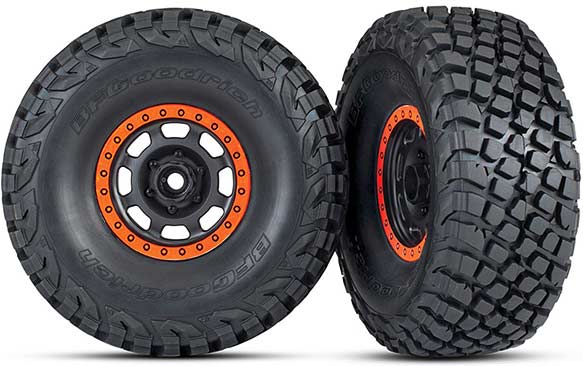 Tires and wheels, assembled, glued (Desert Racer wheels, black with orange beadlock, BFGoodrich Baja KR3 tires) (2)