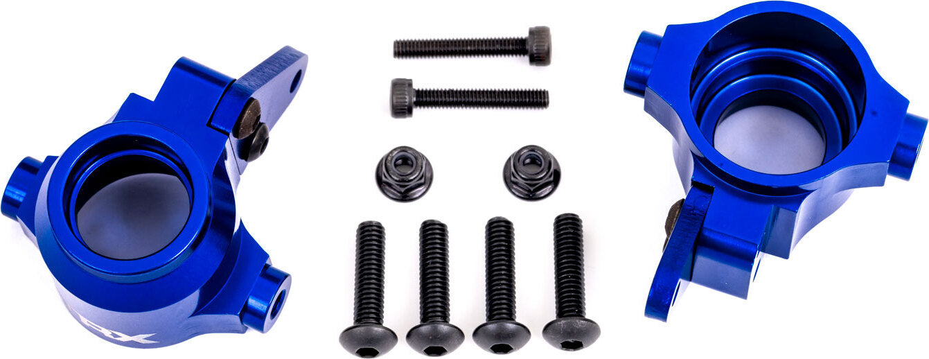 Steering blocks, 6061-T6 aluminum (blue-anodized), left & right/ steering block arms (2)/ 4x16mm BCS (with threadlock) (4)/ 3x18mm CS (2)/ 3x10mm BCS (with threadlock) (4)/ M3x0.5mm NL (2)